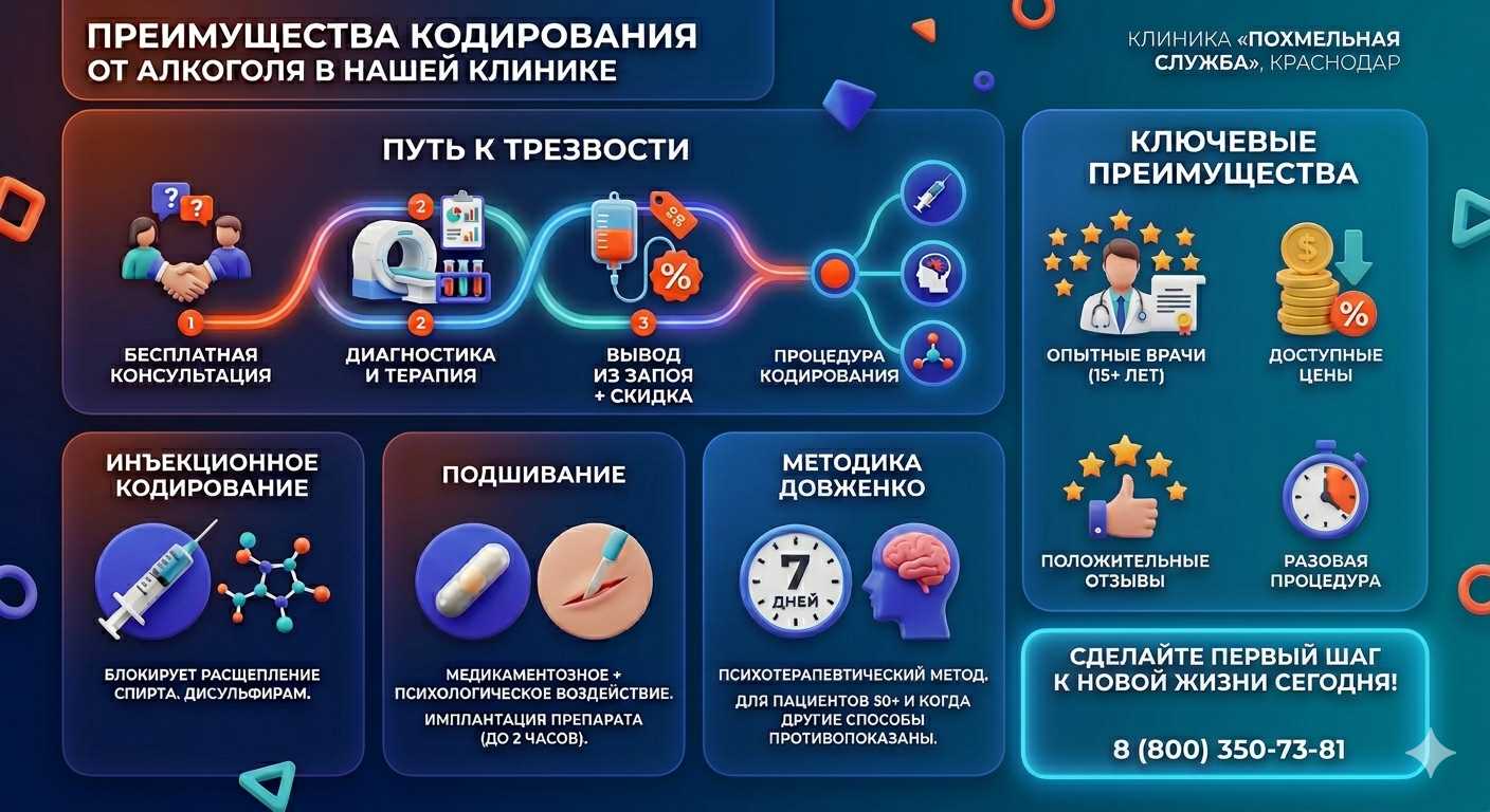 Инфографика о методах кодирования от алкоголя в Дедеркое: инъекции, подшивание, метод Довженко. Преимущества клиники и этапы лечения.