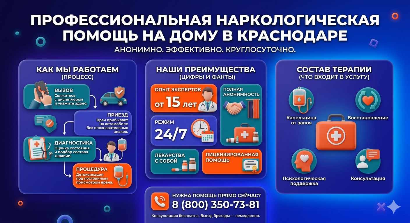 Инфографика о принципах лечения алкоголизма на дому в Дедеркое: этапы вызова нарколога, преимущества анонимной детоксикации и состав медицинской помощи.